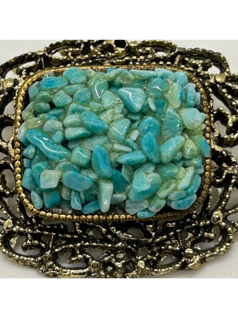 Vintage Filigree Brooch Turquoise Colored Nugget Chips Gold-Tone Textured Pin